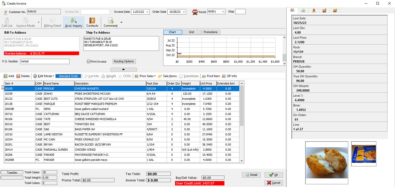 entree for standard order entry for creating invoice