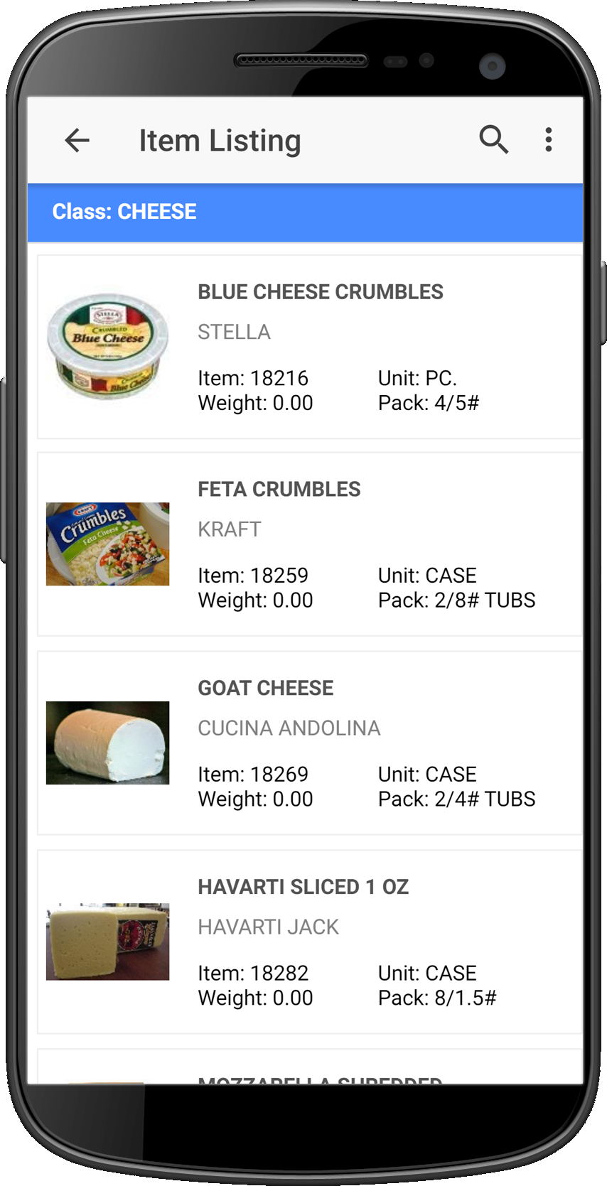 entrée EXPRESS Mobile Order Entry - Order Entry View Catalog screen on mobile phone