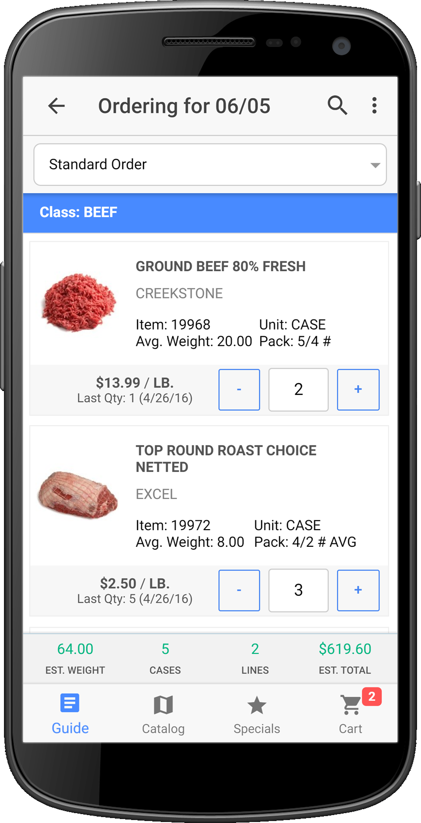 entrée EXPRESS Mobile Order Entry - Order Entry Place Order screen on mobile phone